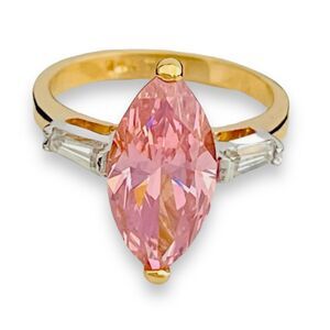 Vintage 1980s Pink Cubic Zirconia Ring Size 9 14KTGE Baguette Accents - 14C